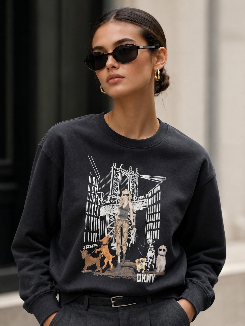 DKNY Black Crewneck Sweater with Silver Brooklyn Bridge Dog Walker Drawing Top S